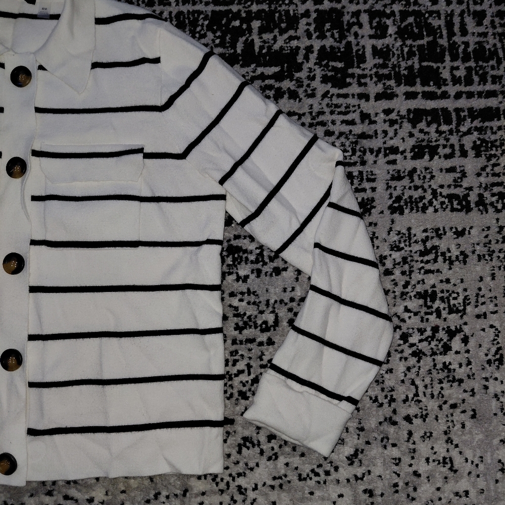 Tahari White & Black Striped Collared Button Front Cardigan M Old Money - Picture 7 of 13